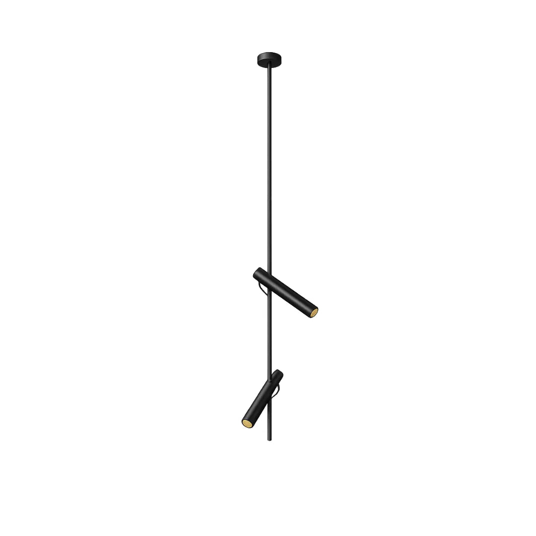 Pendente em metal preto com haste vertical e três spots cilíndricos rotativos com detalhe dourado, fotografada em fundo branco — Luminária pendente metal LED rotativa moderna Orbi — Tonzi