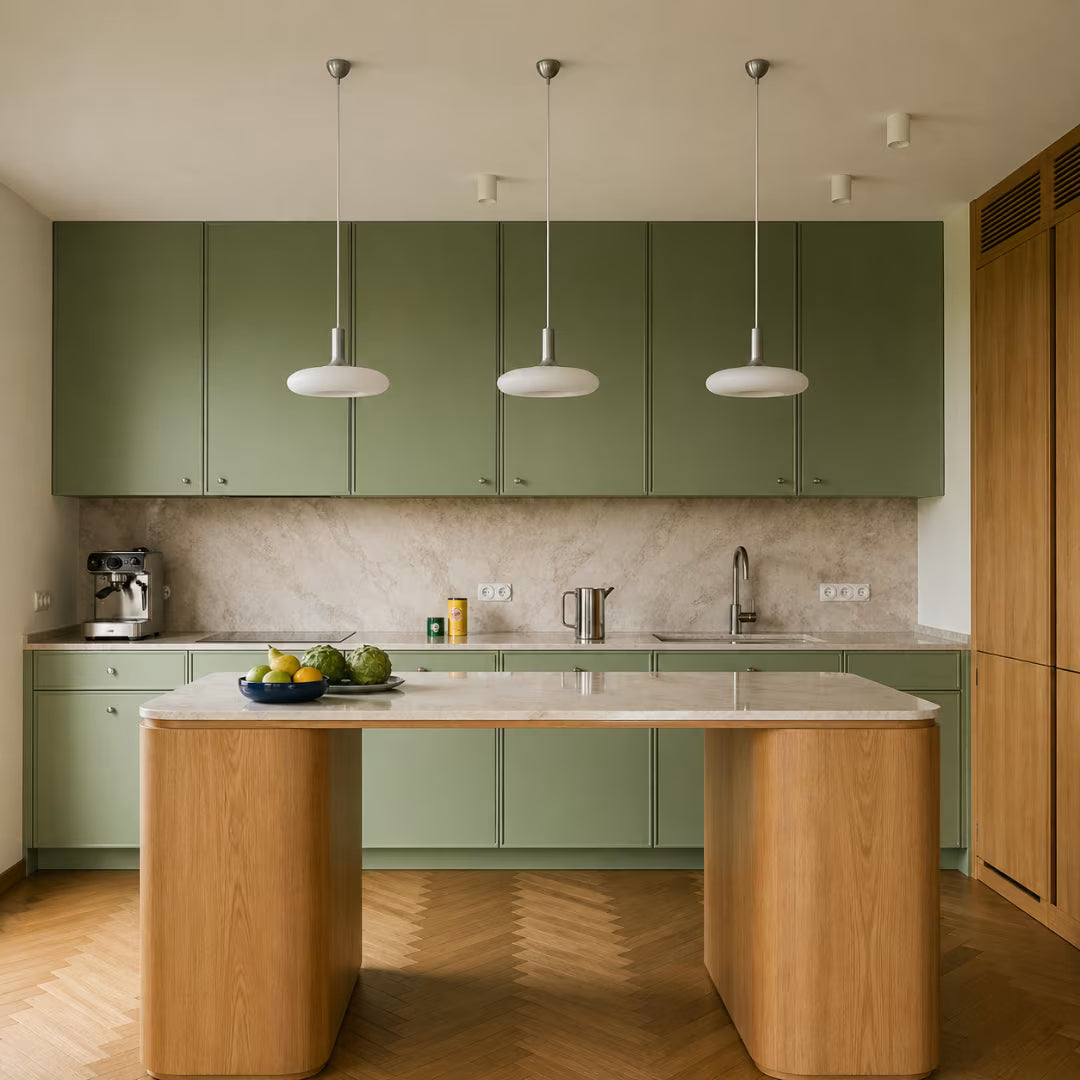 3 Luminárias pendentes sobre um mesa retangular na cozinha
