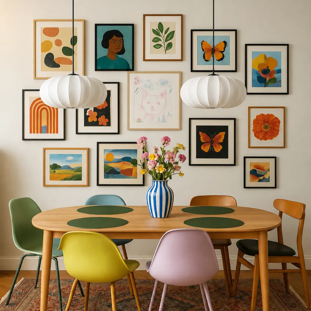 Duas luminárias pendentes em seda branca sobre mesa de jantar com cadeiras coloridas e gallery wall de quadros — Luminária pendente seda abóbora wabi sabi Hina — Tonzi