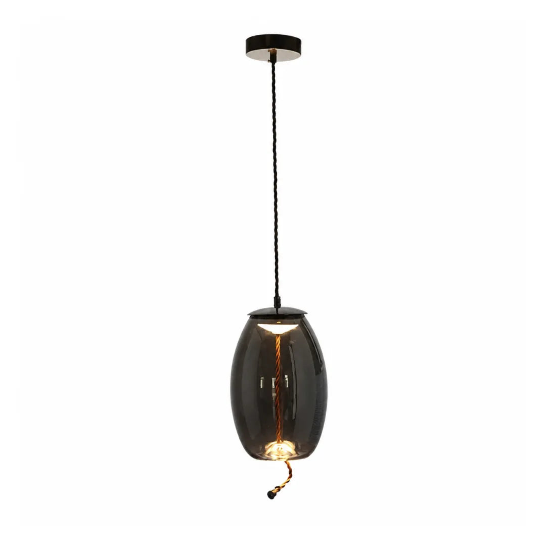 Pendente de vidro soprado oval fumê Smoke Gray com canopla preta, em fundo branco — Luminária Pendente Vidro Soprado LED Minimalista Névoa — Tonzi