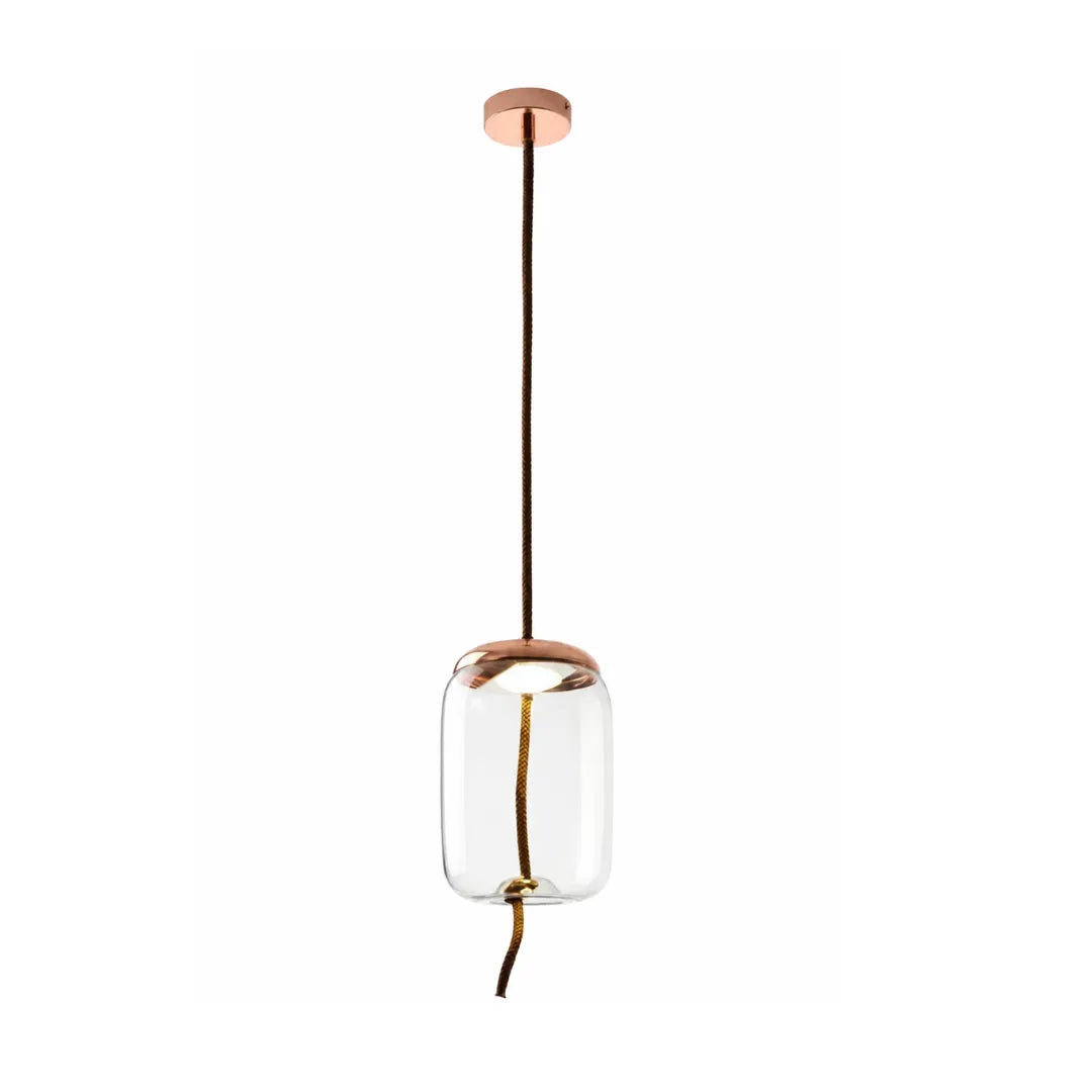 Pendente de vidro transparente formato cilindro com acabamento em cobre, em fundo branco — Luminária Pendente Vidro Transparente LED Minimalista Clara — Tonzi