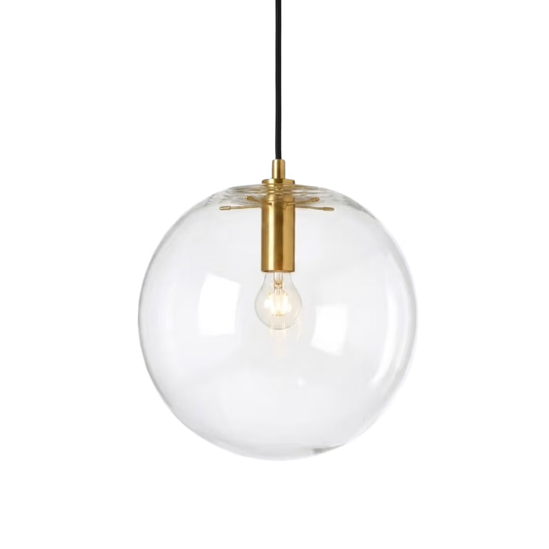 Luminária pendente vidro transparente Kaelix Ø25cm com cúpula esférica em fundo branco — Luminária Pendente Vidro Kaelix — Tonzi