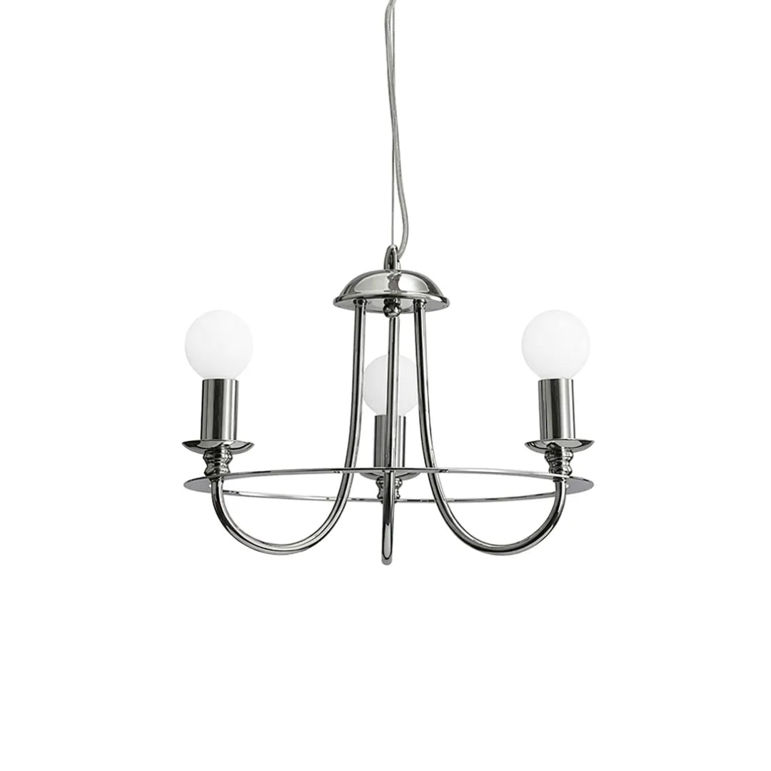 Lustre pendente cromado com 3 braços e lâmpadas estilo vela fotografado em fundo branco — Lustre Pendente Vela Rústico Industrial 3 Luzes Brant — Tonzi