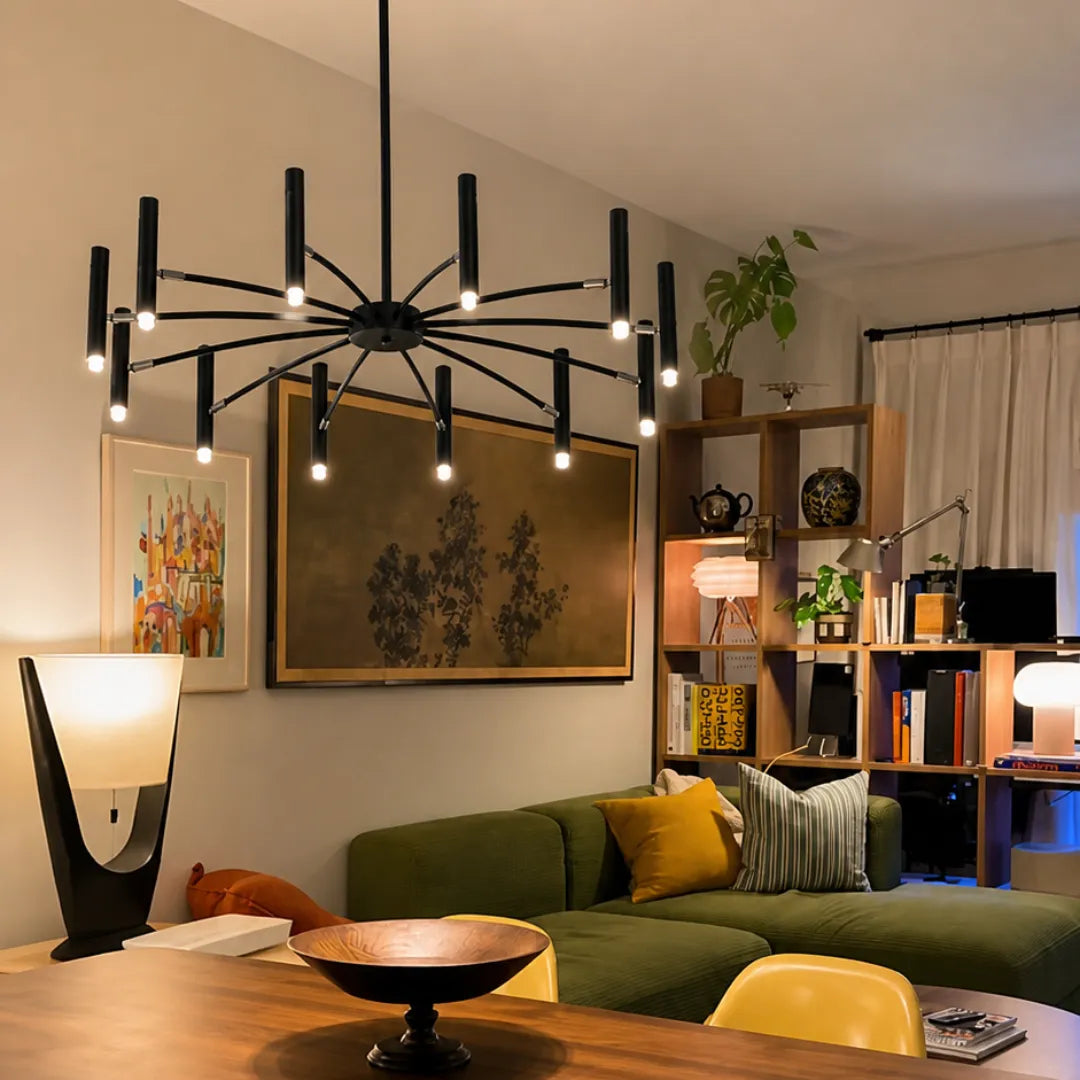 Lustre LED moderno aceso em sala de estar com pé-direito alto e estilo contemporâneo — Lustre LED Moderno Ajustável Metal Ouro Sala de Jantar — Tonzi