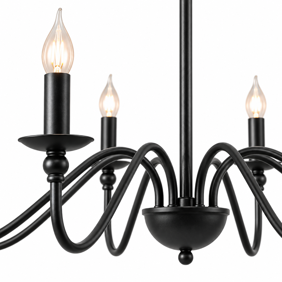 Detalhe do acabamento em ferro preto do Lustre Loft Vintage 8 Luzes E14 — Tonzi