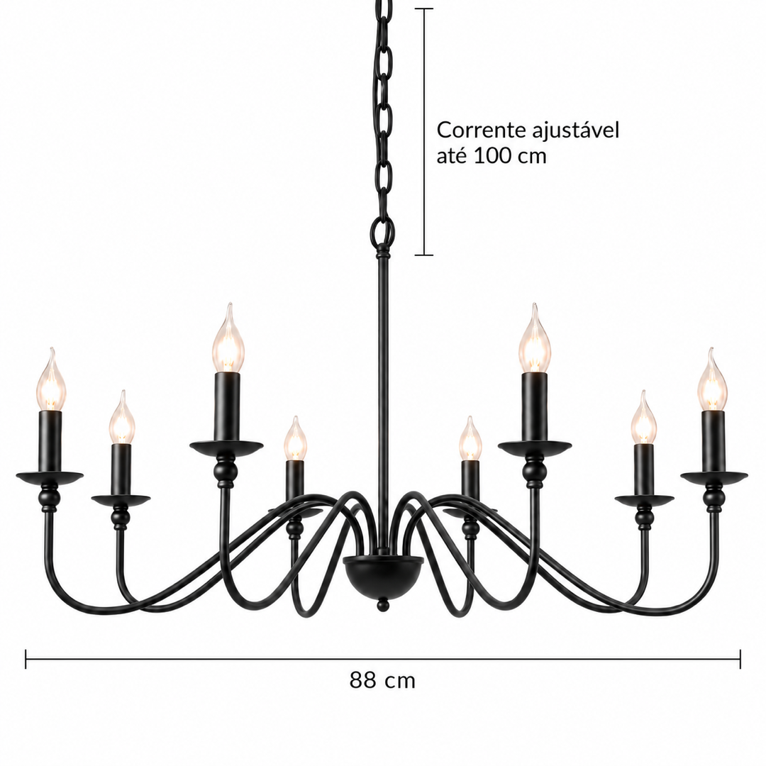 Medidas do Lustre Pendente Loft Vintage 8 Luzes: 88 cm e corrente ajustável até 100 cm — Tonzi