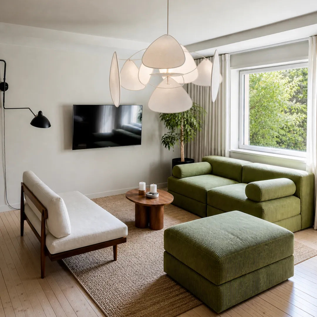 Lustre Flora composto em hall de entrada com aparador e elementos decorativos — Lustre Pendente Tecido Branco Artístico Designer Flora — Tonzi