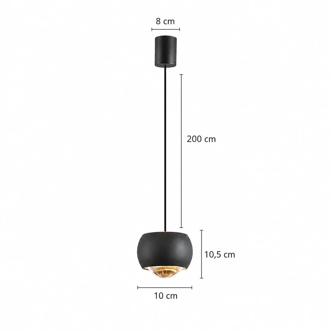 Medidas da Luminária Pendente Cala: cabo 200 cm, corpo 10,5 x 10 cm e canopla 8 cm