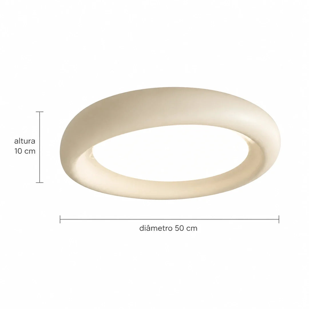 Medidas do Plafon LED Nimbo bege: 50 cm de diâmetro e 10 cm de altura