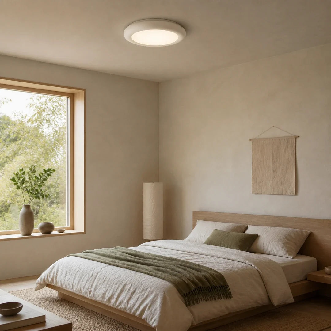 Plafon LED Nimbo branco instalado rente ao teto de quarto Japandi