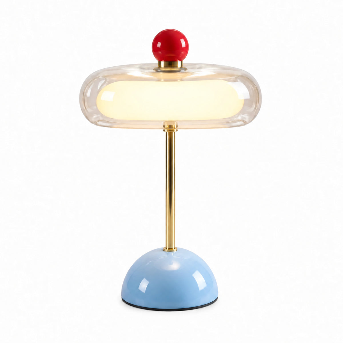 Luminária de Mesa LED Vidro Orbe Azul com ponta vermelha em fundo branco — Tonzi