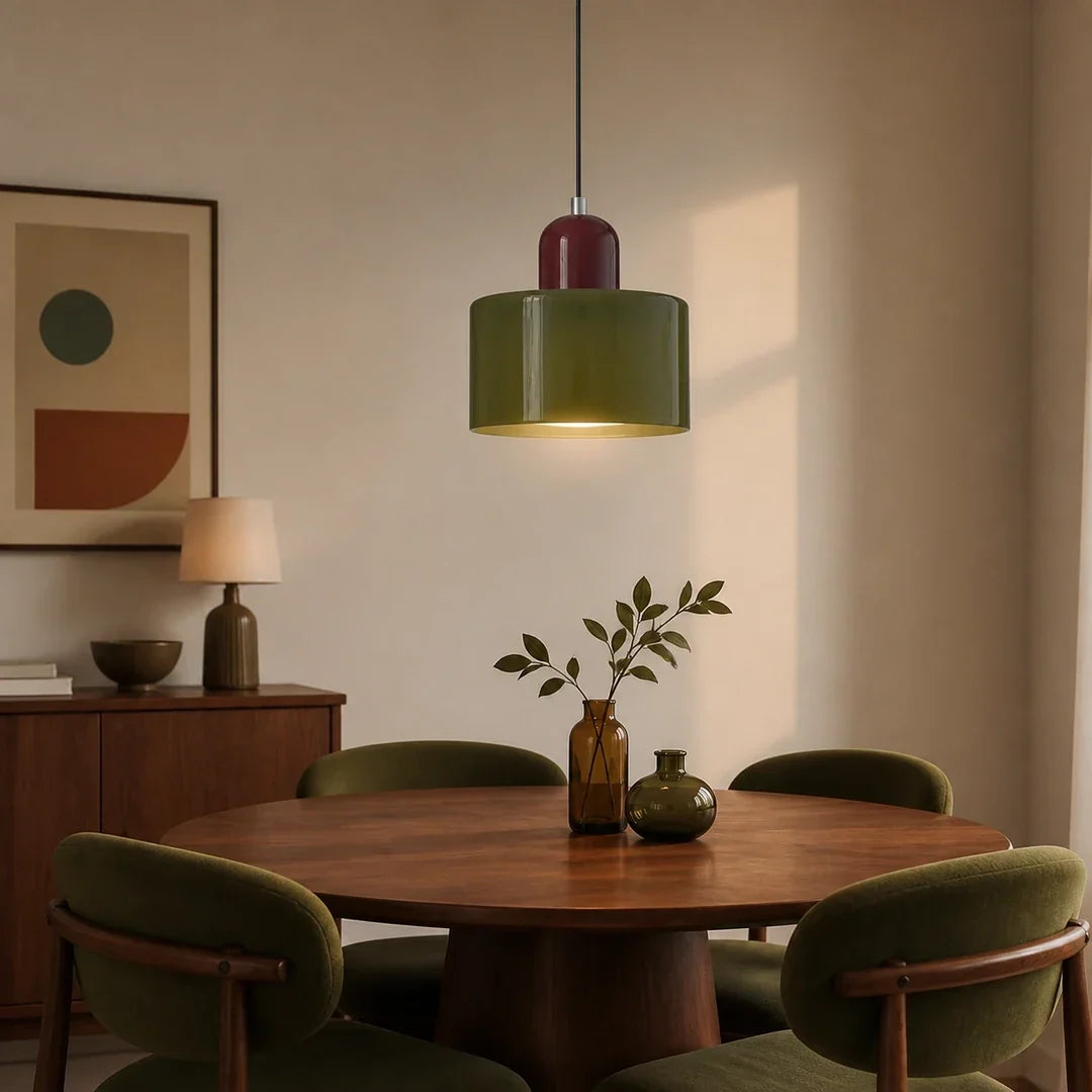 Luminária pendente Croma verde oliva e vinho instalada em ambiente decorado
