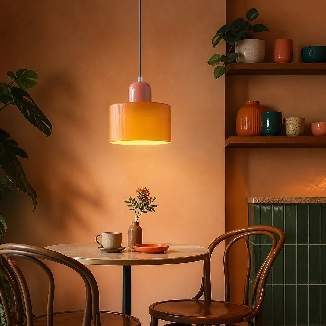 Luminária pendente Croma laranja e coral instalada em ambiente decorado