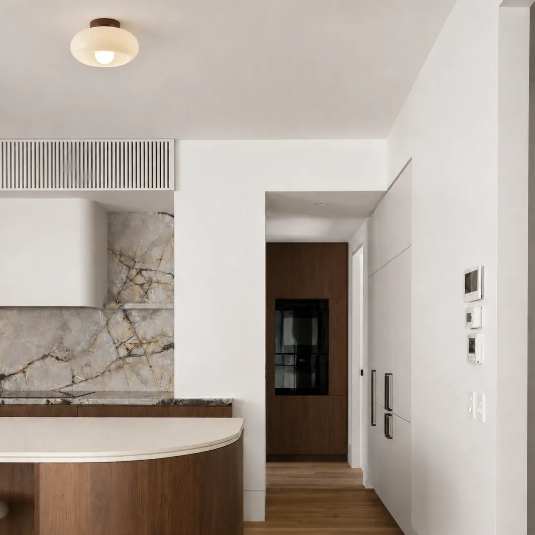 Plafon de teto madeira e vidro LED japandi Sugi