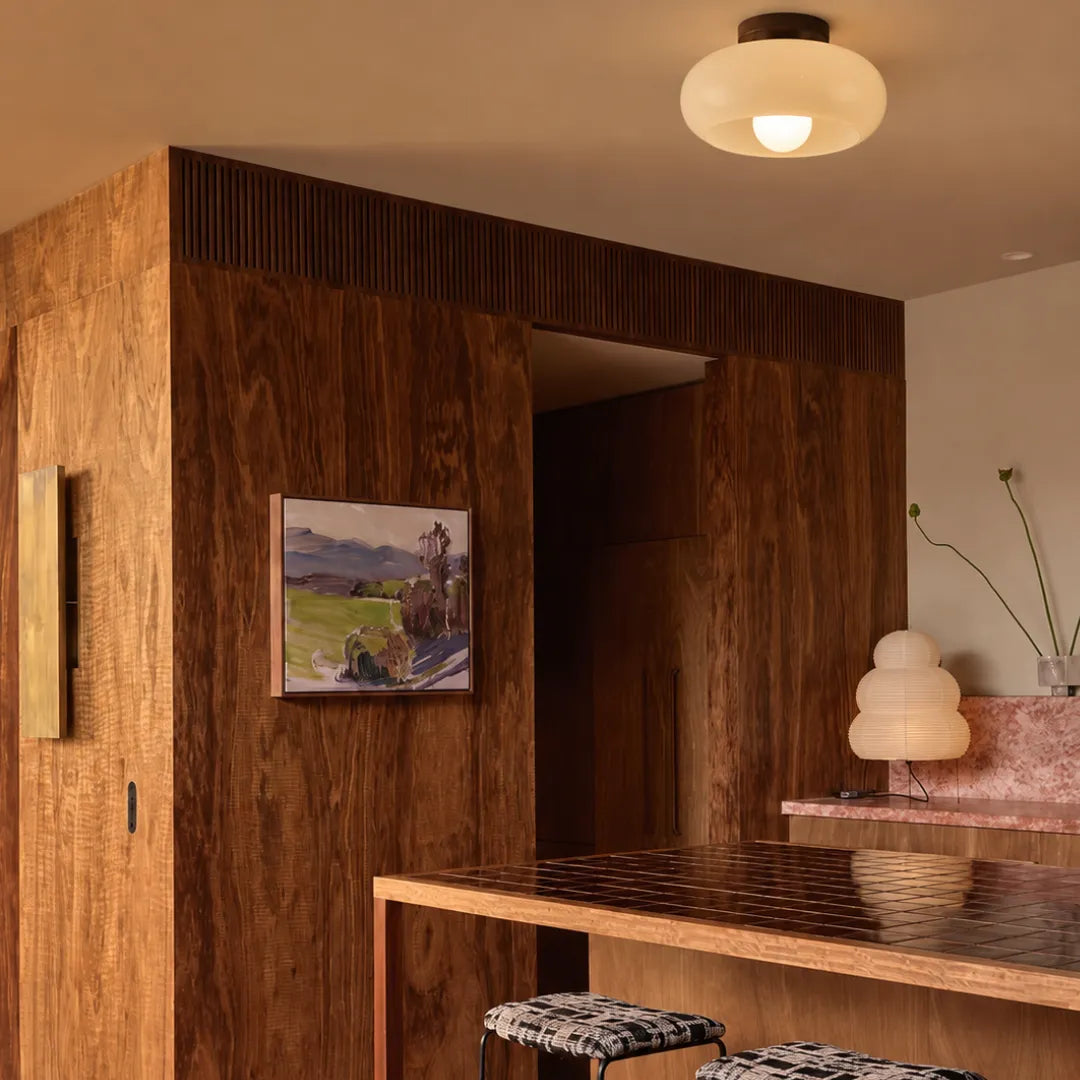 Plafon de teto madeira e vidro LED japandi Sugi
