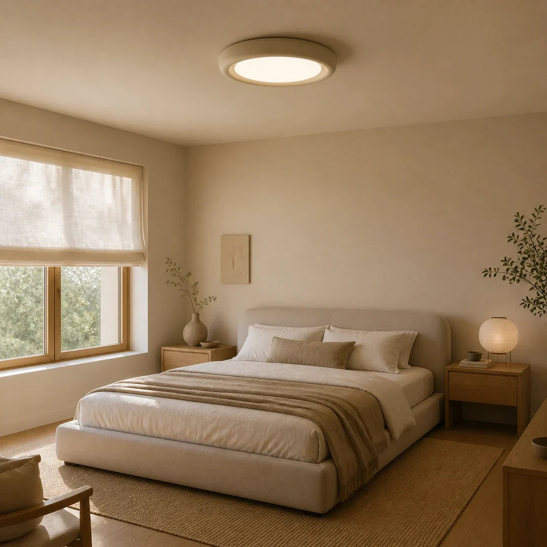 Plafon LED Halo bege instalado em quarto Japandi
