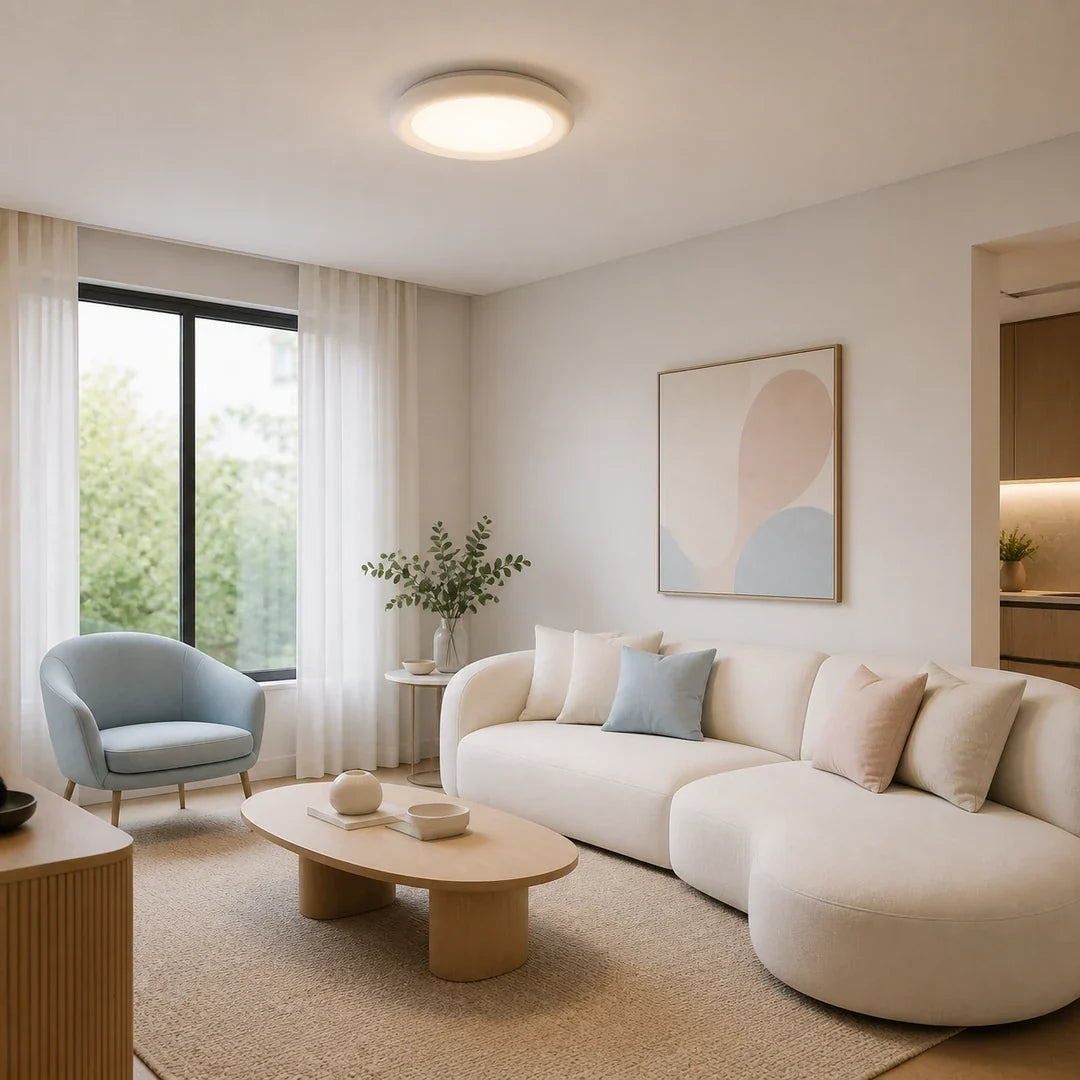 Plafon LED Halo branco instalado em sala contemporânea