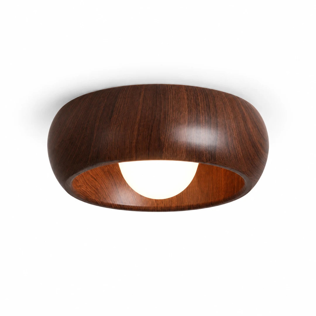 Plafon LED minimalista redondo Luno madeira marrom em fundo branco