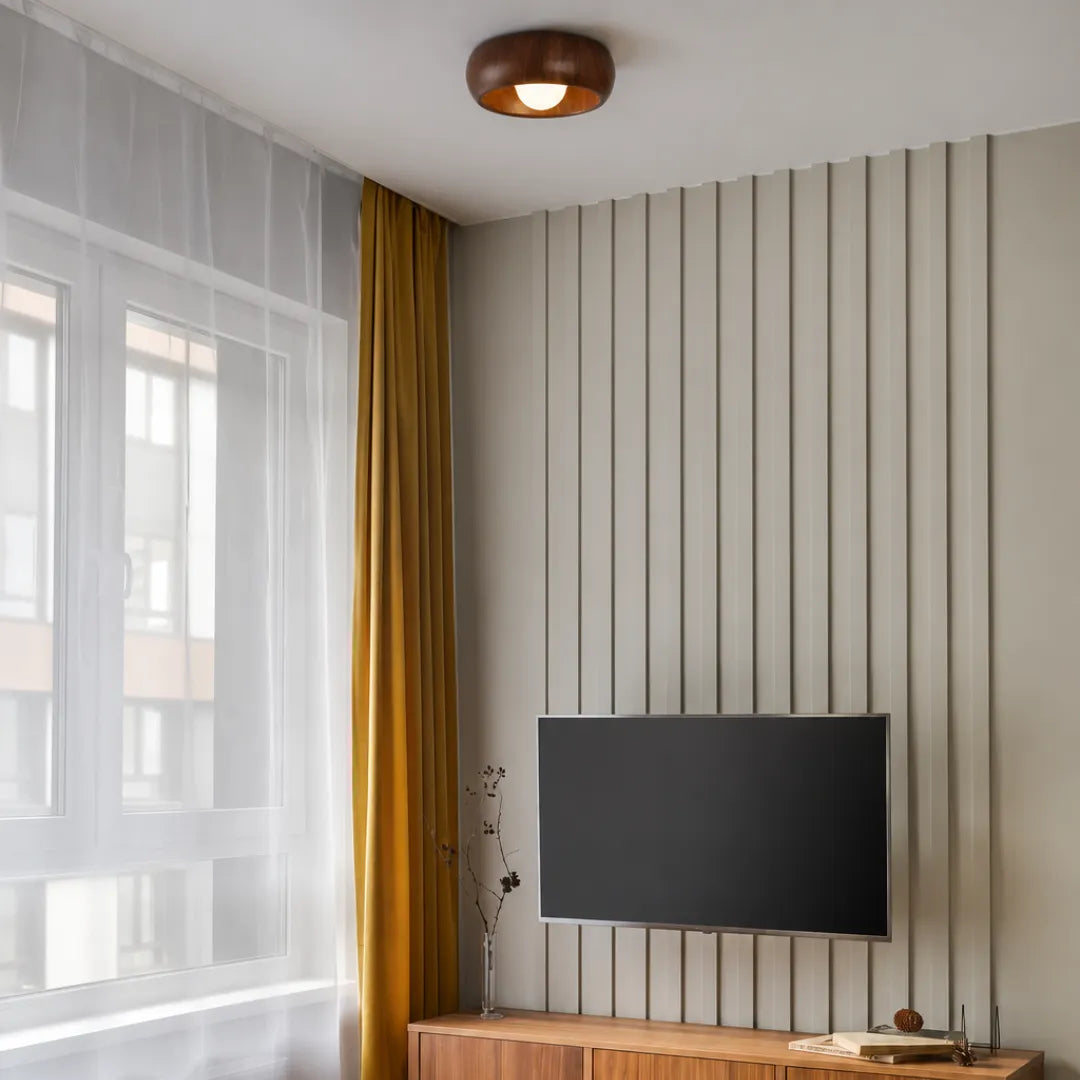 Plafon LED Minimalista Redondo Luno Madeira Marrom Ø30cm