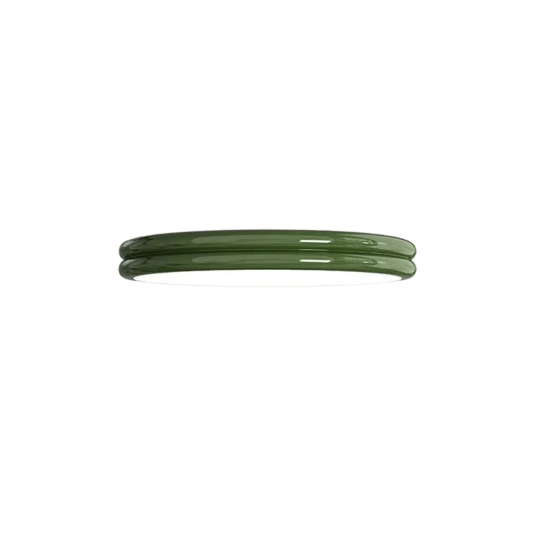 Plafon lustre duplo art deco em ferro verde com dois difusores em acrílico em fundo branco — Plafon lustre duplo LED Art Déco verde Nuvia — Tonzi