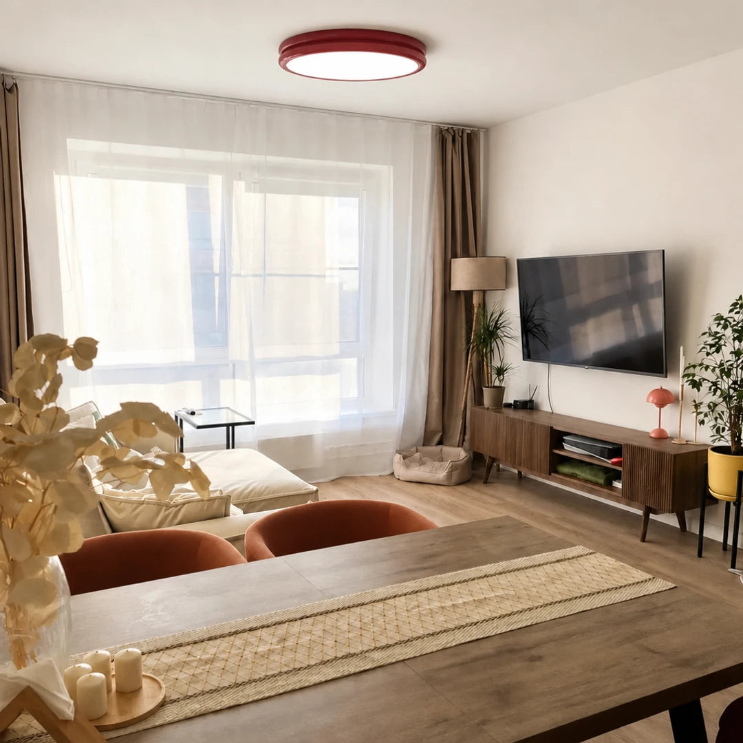 Plafon Nuvia vermelho aceso em sala de estar sofisticada — Plafon lustre duplo LED Art Déco vermelho Nuvia — Tonzi