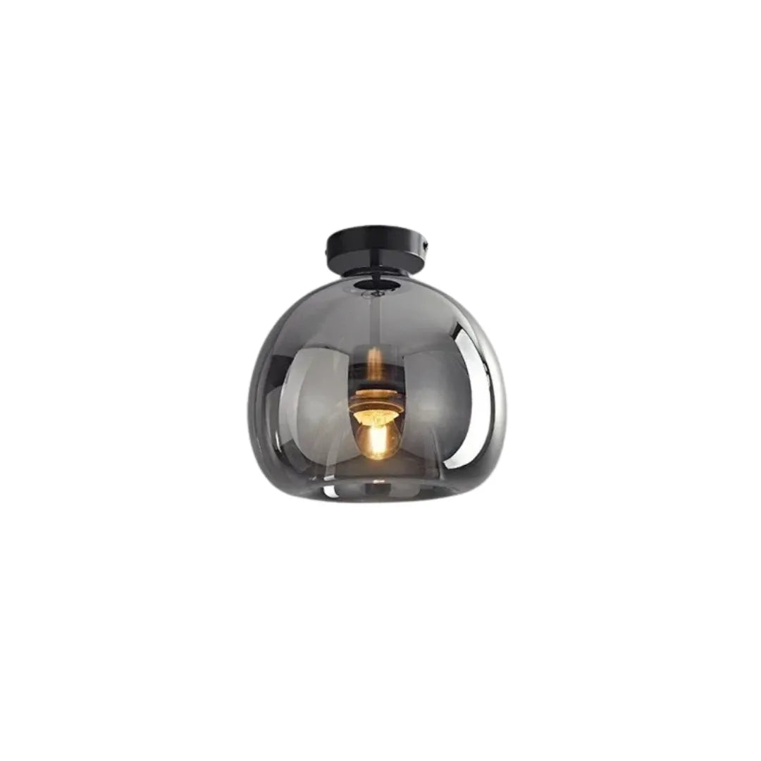 Plafon de teto em vidro tom cognac com estrutura em metal preto em fundo branco — Plafon Vidro Cognac Nórdico LED Minimalista Hygge — Tonzi