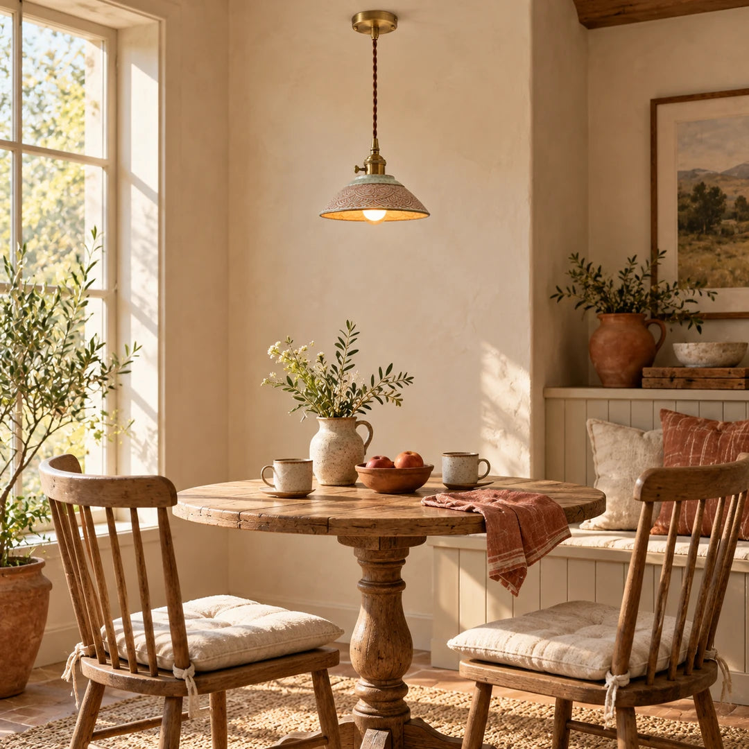 Pendente de cerâmica Siena sobre mesa de copa em ambiente Farmhouse