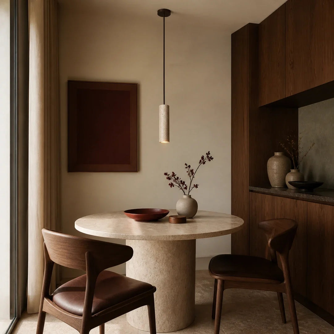Luminária pendente Sumi sobre mesa em sala de jantar